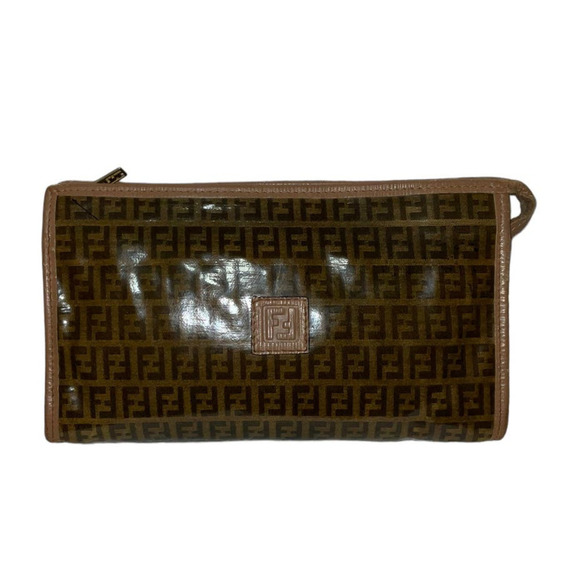 Fendi Zucca FF Coated Canvas Cosmetic Bag Pouch with leather trim and accents - Picture 1 of 14